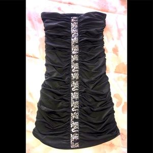 Black and white/silver strapless mini dress.